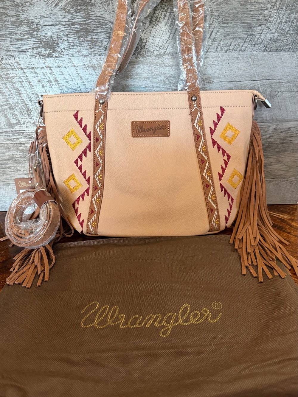 NWT Wrangler Aztec Embroidered Fringe Tote Bag Western Boho Shoulder Purse Handb